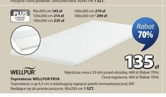 Topmaterac WELLPUR FRYA 160x200cm promocja w Jysk