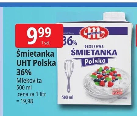 Śmietanka UHT Polska 36% Mlekovita promocja w Leclerc