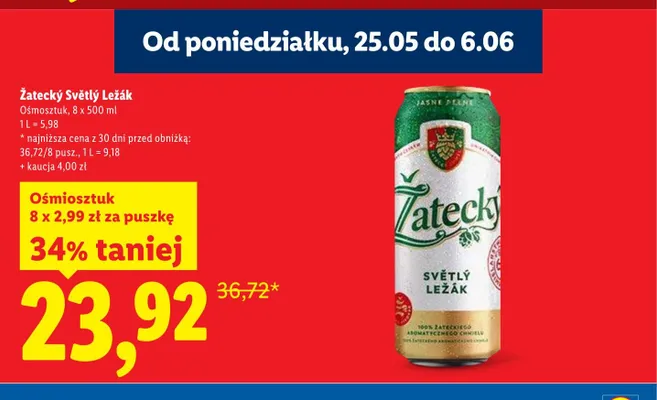 Piwo Žatecký Světlý Ležák 8-pak 500ml promocja w Lidl