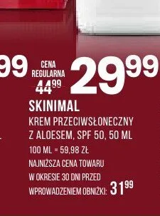 Krem przeciwsłoneczny z aloesem SPF 50 Skinimal promocja w Drogerie Natura