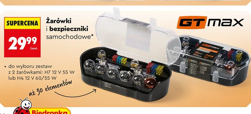 Żarówki i bezpieczniki samochodowe zestaw z 2 żarówkami H4 12V 60/55W GT max promocja w Biedronka