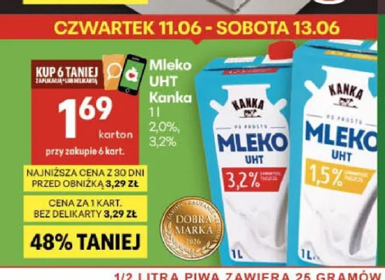 Mleko UHT Kanka 2,0% promocja w Delikatesy Centrum