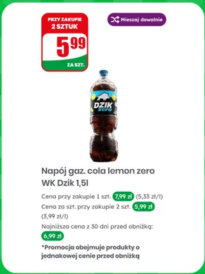 Napój gazowany WK Dzik Cola Lemon Zero promocja w Dino