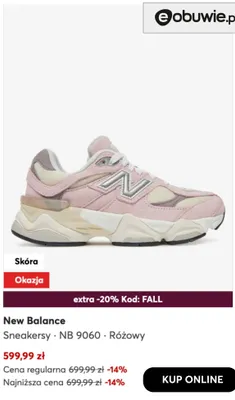 Sneakersy NB 9060 różowy New Balance promocja w eobuwie.pl