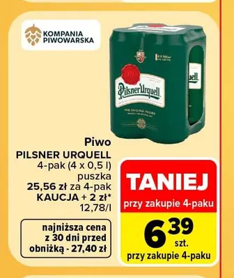 Piwo Pilsner Urquell 4-pak 500 ml promocja w Carrefour
