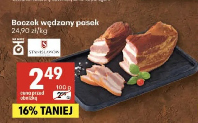 Boczek wędzony pasek Stanisławów promocja w Delikatesy Centrum
