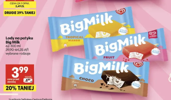 Lody na patyku Big Milk Fruit Algida promocja w Delikatesy Centrum