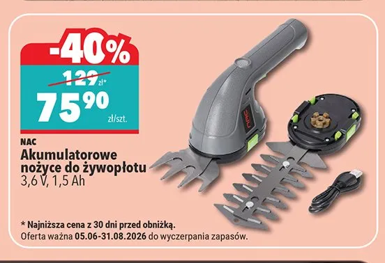 Akumulatorowe nożyce do żywopłotu NAC promocja w Biedronka