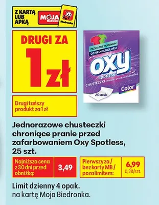 Jednorazowe chusteczki chroniące pranie przed zafarbowaniem Oxy Spotless promocja w Biedronka