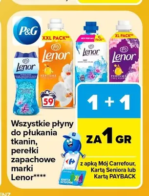 Płyny do płukania tkanin, perełki zapachowe Lenor promocja w Carrefour Market
