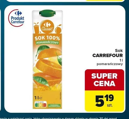 Sok 100% pomarańczowy Carrefour Classic promocja w Globi