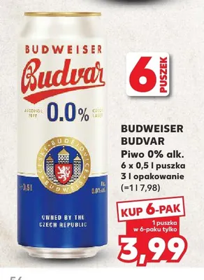 Piwo bezalkoholowe Budweiser Budvar 0% alk. 6-pak 0,5l promocja w Kaufland