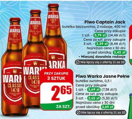 Piwo Warka Jasne Pełne butelka zwrotna promocja w Dino