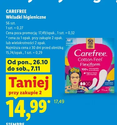 Wkładki higieniczne Carefree Cotton Feel Flexiform promocja w Lidl