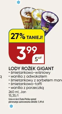 Lody rożek Gigant Jan wanilia z porzeczką promocja w Chata Polska