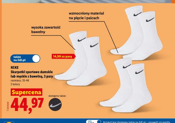 Skarpetki sportowe męskie z bawełną Nike 3-pak promocja w Lidl