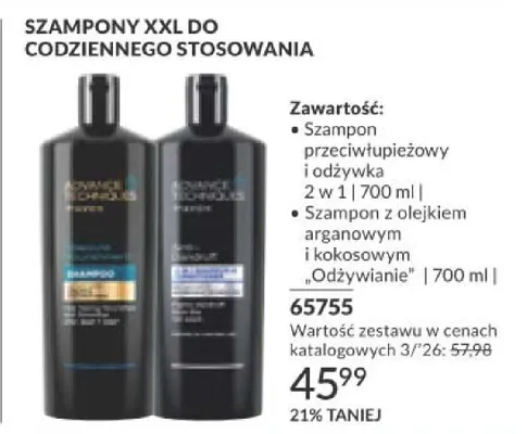 Szampony XXL do codziennego stosowania - szampon przeciwłupieżowy i odżywka 2 w 1, szampon z olejkiem arganowym i kokosowym "odżywianie" promocja w AVON