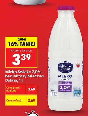 Mleko świeże 2,0% bez laktozy Mleczna Dolina promocja w Biedronka
