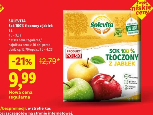 Sok 100% tłoczony z jabłek Solevita promocja w Lidl