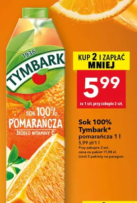Sok Tymbark pomarańcza 100% promocja w LEWIATAN