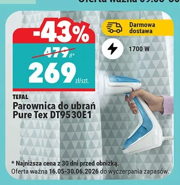 Parownica do ubrań TEFAL Pure Tex DT9530E1 1700W promocja w Biedronka