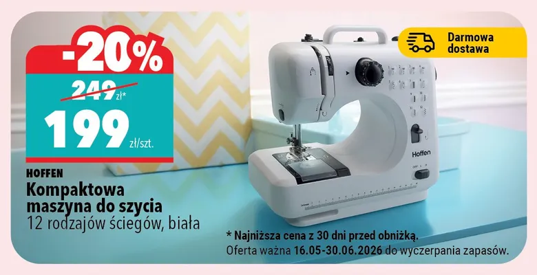 Kompaktowa maszyna do szycia HOFFEN 12 rodzajów ściegów biała promocja w Biedronka Home