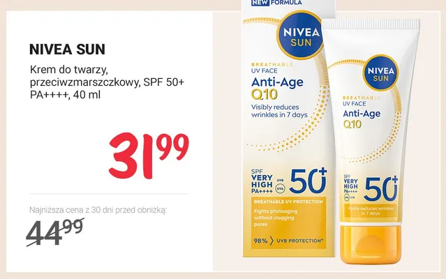 Krem do twarzy przeciwzmarszczkowy Nivea Sun SPF 50+ PA++++ promocja w Rossmann