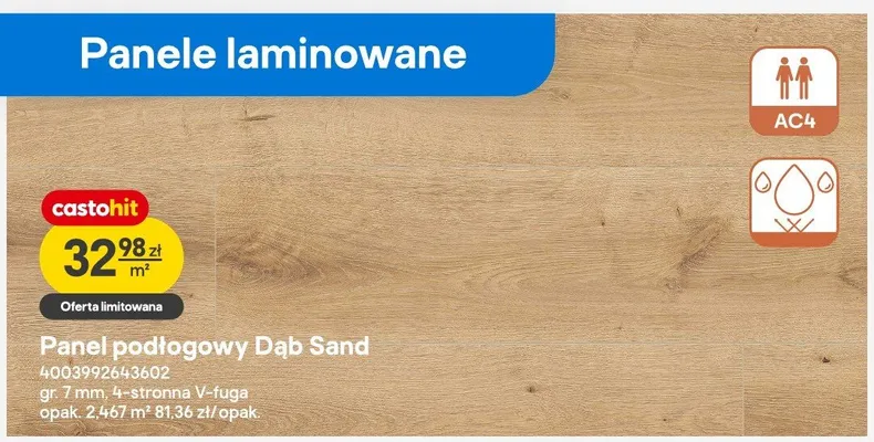 Panel podłogowy Dąb Sand gr. 7mm 4-stronna V-fuga promocja w Castorama