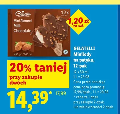 Minilody na patyku Gelatelli Mini Almond Milk Chocolate 12-pak promocja w Lidl