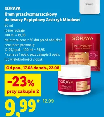Krem przeciwzmarszczkowy do twarzy Soraya Peptydowy Zastrzyk Młodości promocja w Lidl
