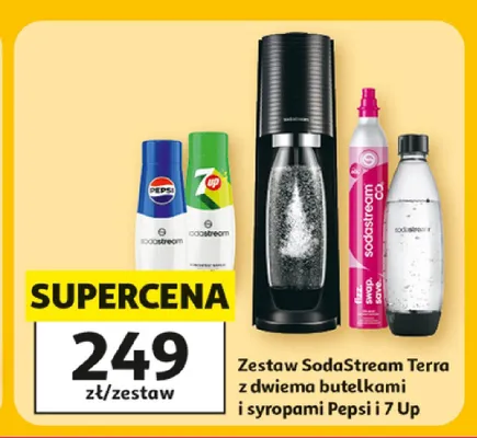 Zestaw SodaStream Terra z dwiema butelkami i syropami Pepsi i 7 Up promocja w Auchan