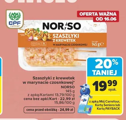 Szaszłyki z krewetek w marynacie czosnkowej Norso promocja w Carrefour