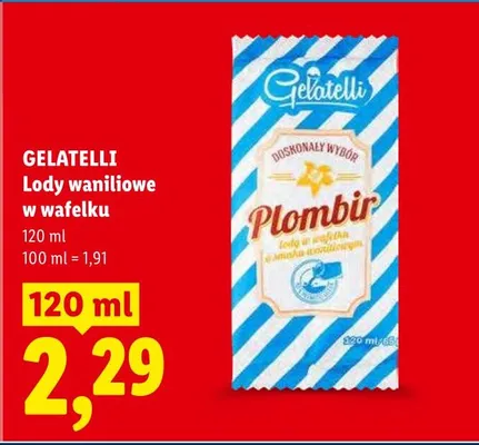 Lody waniliowe w wafelku Gelatelli Plombir promocja w Lidl