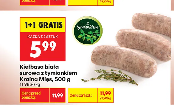 Kiełbasa biała surowa z tymiankiem Kraina Mięs promocja w Biedronka