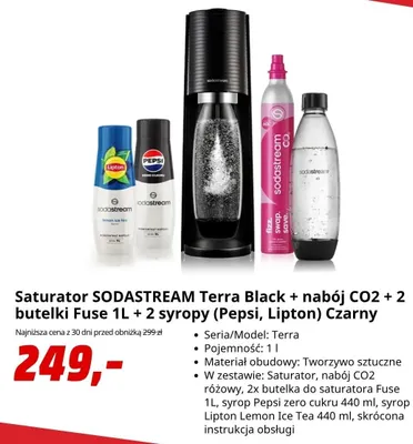 Zestaw saturator SodaStream Terra Black + nabój CO2 + 2 butelki Fuse 1 l + 2 syropy Pepsi Lipton promocja w Media Markt