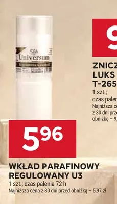 Wkład parafinowy regulowany U3 Universum promocja w Stokrotka