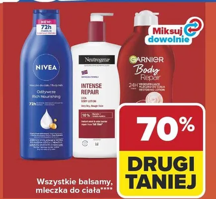 Balsamy, mleczka do ciała Nivea, Neutrogena, Garnier promocja w Carrefour Market