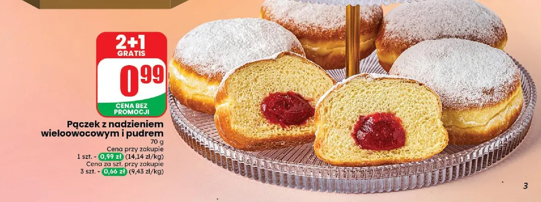 Pączek z nadzieniem wieloowocowym i pudrem promocja w Dino