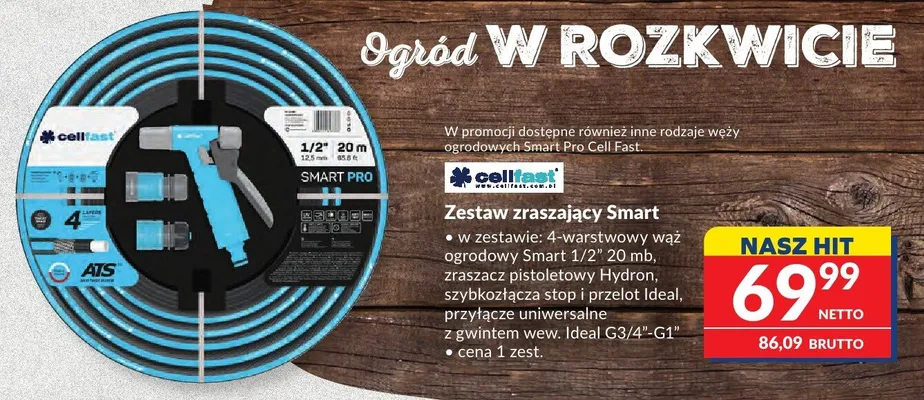 Zestaw zraszający Smart w zestawie: 4-warstwowy wąż ogrodowy Smart 1/2" 20 mb, zraszacz pistoletowy Hydro, szybkozłączka stop i przelot Ideal, przyłącze uniwersalne zaworem wew. Ideal G3/4"-G1" cena 1 zest. promocja w Makro