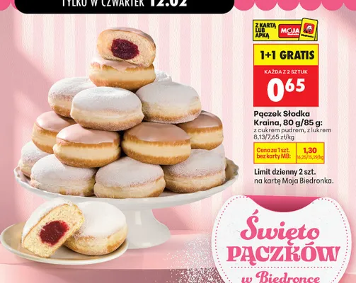 Pączek słodka kraina z cukrem pudrem promocja w Biedronka
