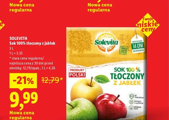 Sok tłoczony z jabłek Solevita 100% promocja w Lidl