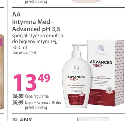 Specjalistyczna emulsja do higieny intymnej Intymna Med+ Advanced pH 3,5 AA promocja w Hebe
