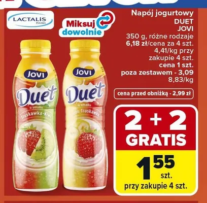 Napój jogurtowy Duet Jovi o smaku truskawka-kiwi promocja w Carrefour Market