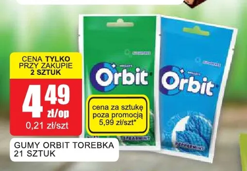 Gumy Orbit Peppermint torebka 21 sztuk promocja w Bingo