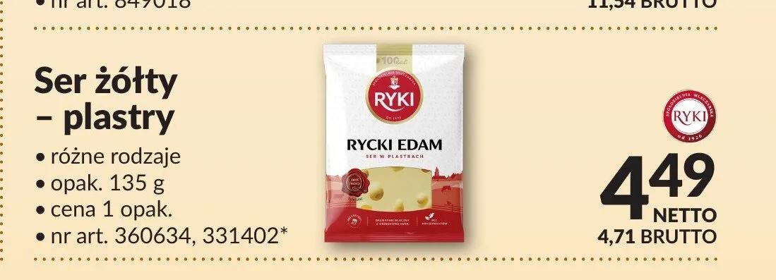 Ser żółty plastry Rycki Edam Ryki promocja w Makro