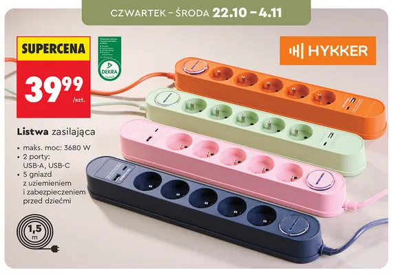 Listwa zasilająca Hykker promocja w Biedronka
