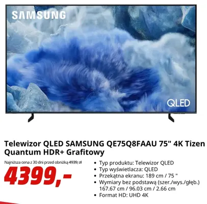 Telewizor Qled Samsung QE75Q8FAAU 75" 4K Tizen Quantum HDR+ Grafitowy promocja w Media Markt