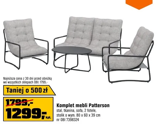 Komplet mebli Patterson stal tkanina sofa 2 fotele stolik 80x60x39cm promocja w OBI
