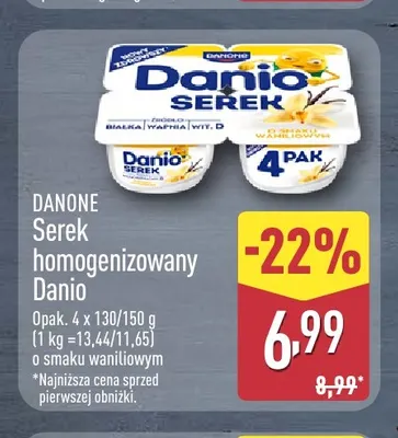 Serek homogenizowany Danio o smaku waniliowym 4-pak promocja w Aldi