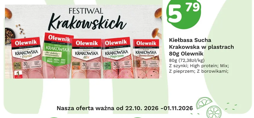 Kiełbasa sucha krakowska w plastrach z szynki Olewnik promocja w Limonka